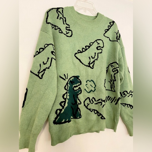 Green dinosaur knit sweater size large excellent condition. - Picture 2 of 5